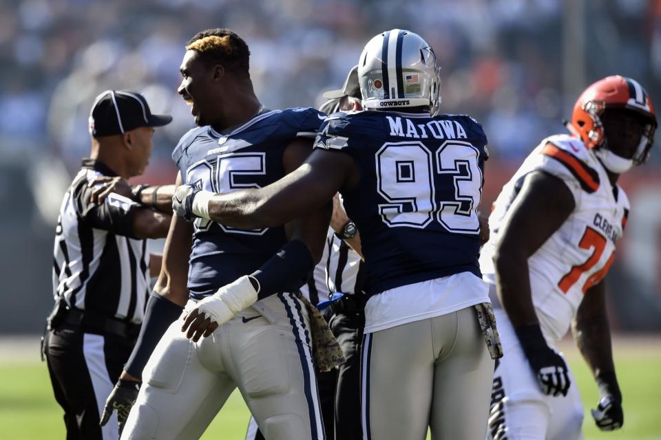 <p>Dallas Cowboys defensive tackle David Irving (95) reacts after fighting with Cleveland Browns center Cameron Erving (74) in the first half of an NFL football game, Sunday, Nov. 6, 2016, in Cleveland. (AP Photo/David Richard) </p>