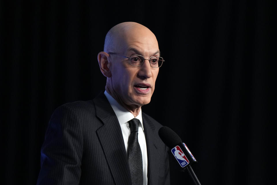 NBA commissioner Adam Silver at a news conference during the 2023 All-Star Saturday Night at Vivint Arena in Salt Lake City.