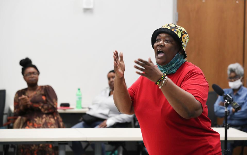 West End resident Yolanda Walker addressed a meeting of the West End Opportunity Partnership Board at the West Louisville YMCA in Louisville, Ky. on April 25, 2022.  Some are opposed to the West End tax increment financing (TIF) district that they fear will make their residences too expensive for the existing community.