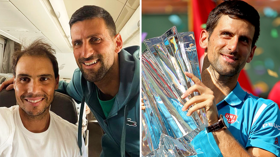 Rafa Nadal and Novak Djokovic pose for a photo and Djokovic celebrates.