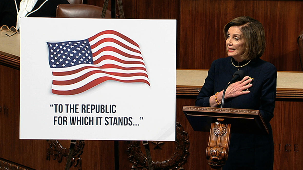 House Speaker Nancy Pelosi speaks before a debate on the articles of impeachment against President Trump on Wednesday. (House Television via AP)