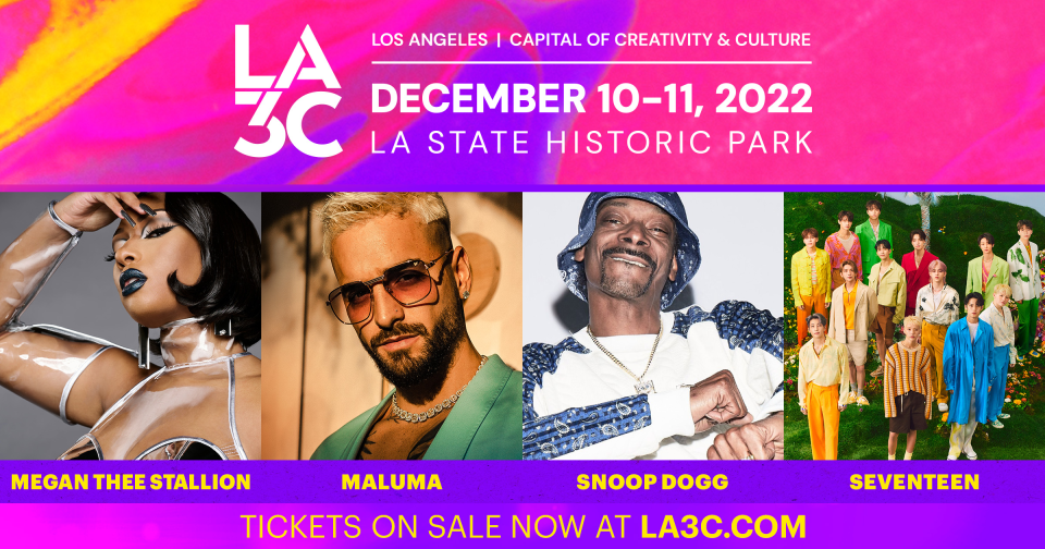 LA3C’s current confirmed lineup featuring Megan Thee Stallion, Maluma, Snoop Dogg, and Seventeen.