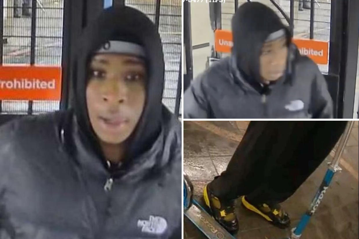 A composite photo of a wanted suspect released by the NYPD; a straight-on photo, one of the suspect turning his head and another of his blue scooter.