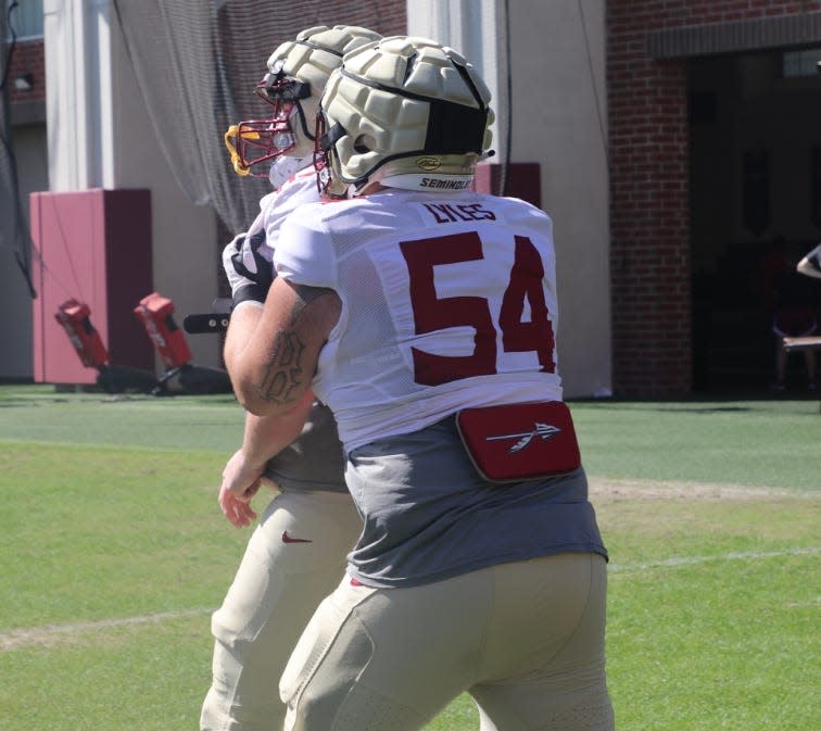 FSU offensive lineman Kayden Lyles was somewhat limited this spring after transferring from Wisconsin but still could start at center or elsewhere up front for the Seminoles in 2022.