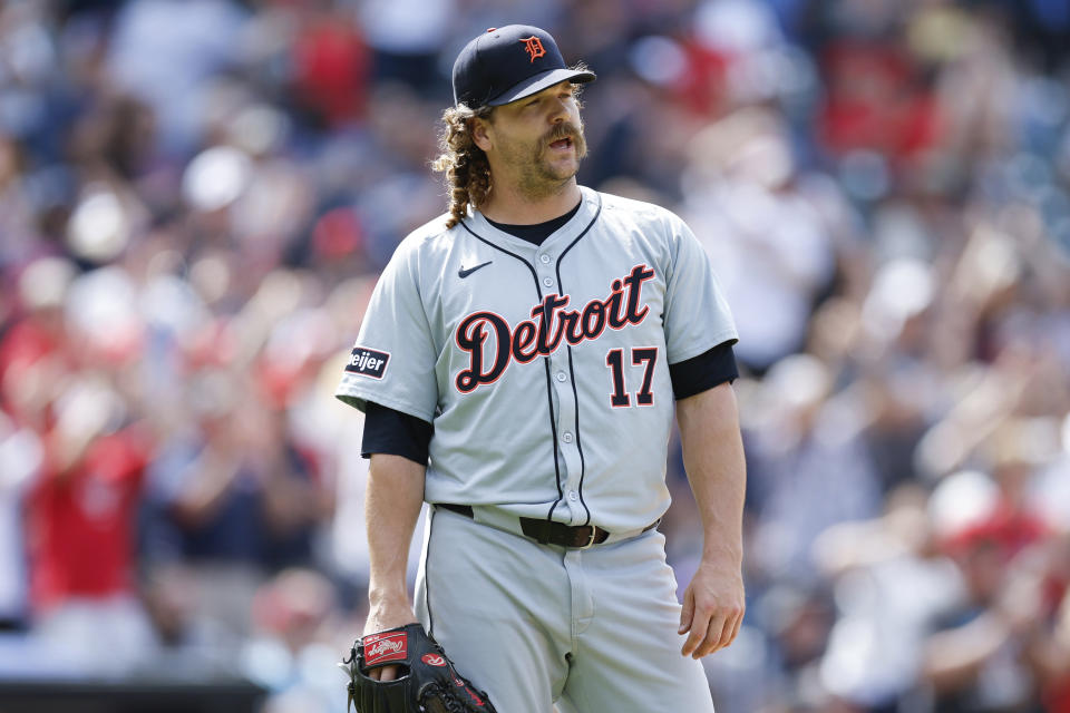Detroit Tigers pitcher Andrew Chafin reacts after giving up a solo home run to Cleveland Guardians' David Fry during the ninth inning of a baseball game, Wednesday, May 8, 2024, in Cleveland. (AP Photo/Ron Schwane)
