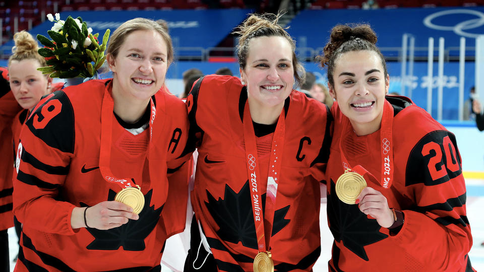 Brianne Jenner #19, Marie-Philip Poulin #29 and Sarah Nurse #20 have all found their PWHL teams. (Photo by Xavier Laine/Getty Images)
