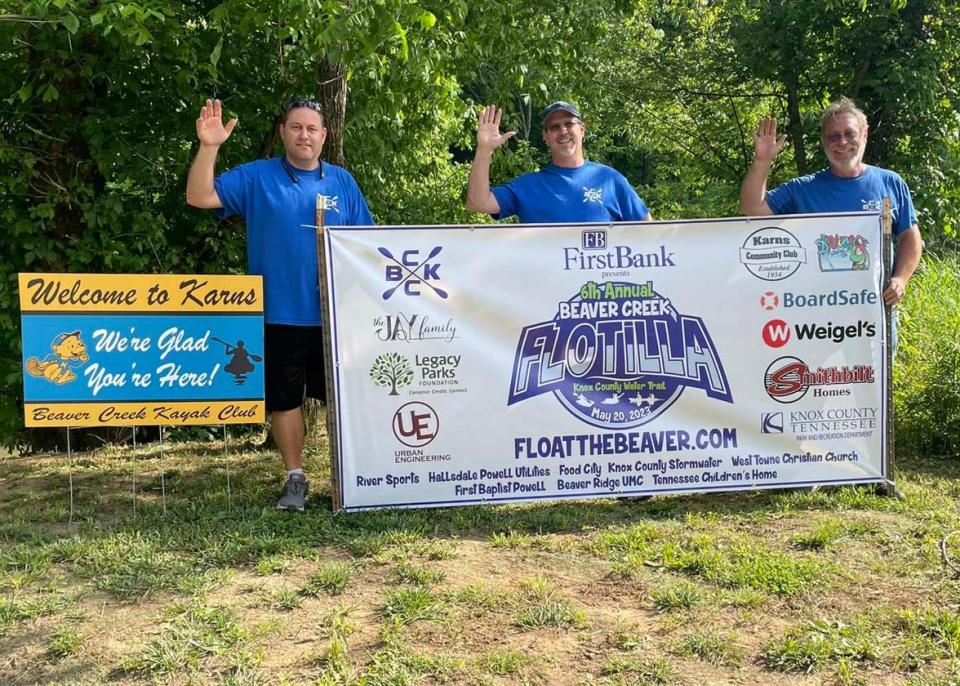 Charlie Austin, Mark Graham and Alan Mumm are ready for the annual Beaver Creek Flotilla presented by FirstBank at Roy Arthur Stormwater Park in Karns, May 20, 2023.