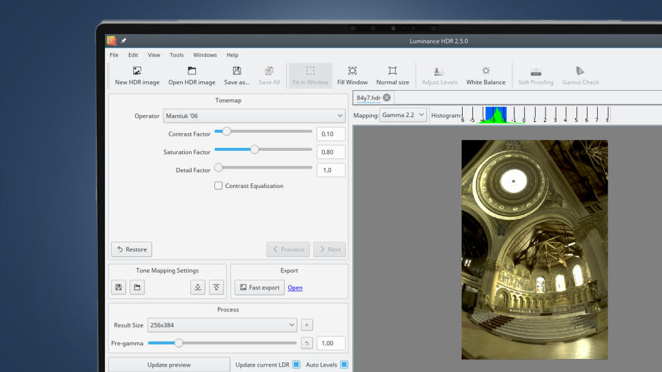 A laptop screen showing the Luminance HDR software