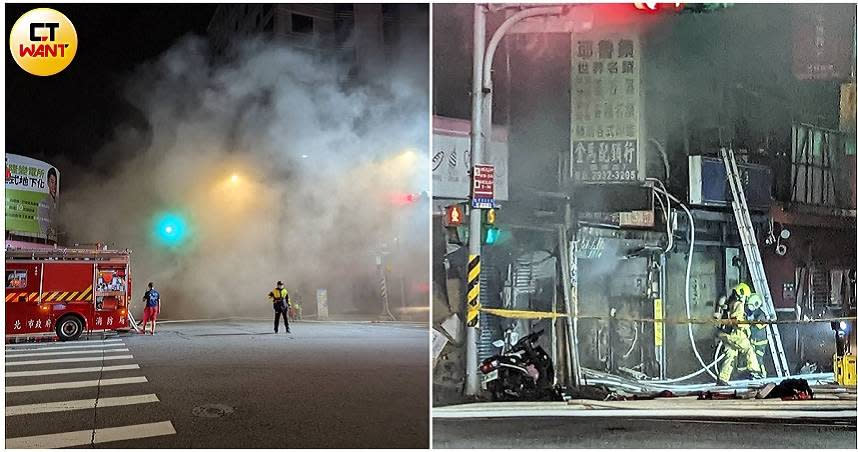 景美捷運站旁燒臘店大火，濃煙狂竄，所幸其正對面就是消防局，警消緊急滅火。（圖／林冠吟攝）