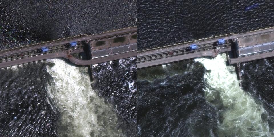 The image on the left, taken on May 28, shows the roadway intact, while the image on the right, taken on June 5, shows that part of the roadway missing.