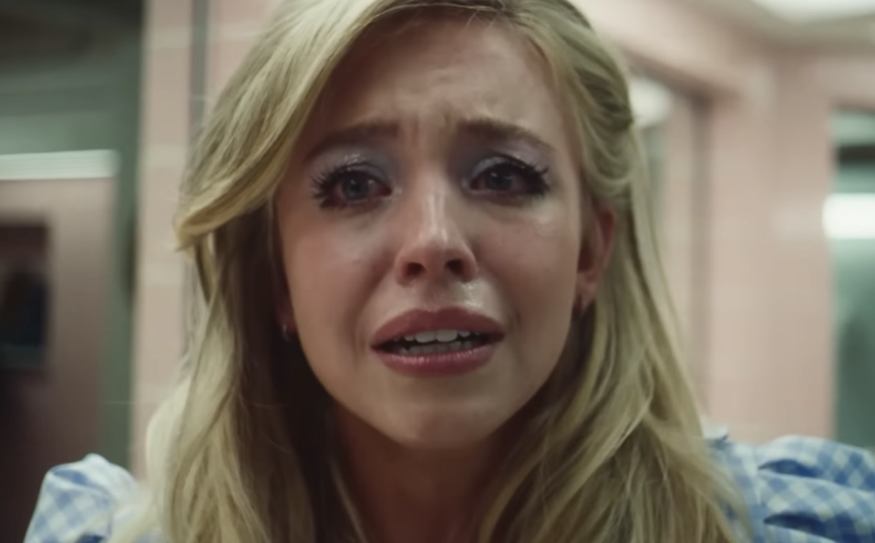 Screenshot from 'Euphoria' showing a distressed character, Cassie, with tear-filled eyes