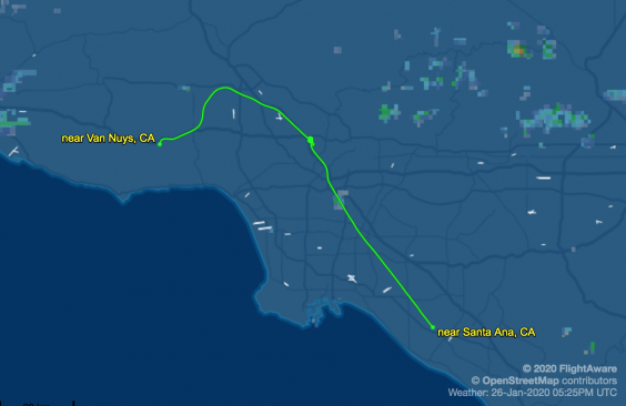 Flight data shows Bryant's fated flight circled for over 10 minutes over the city of Glendale before crash near Calabasas (Flightaware Screen Shot)