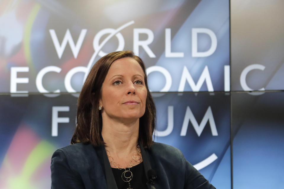 Adena Friedman, President and CEO of Nasdaq, attends a panel about Global Markets in a Fractured World during the World Economic Forum, WEF, in Davos, Switzerland, Tuesday, Jan. 23, 2018. (AP Photo/Markus Schreiber)