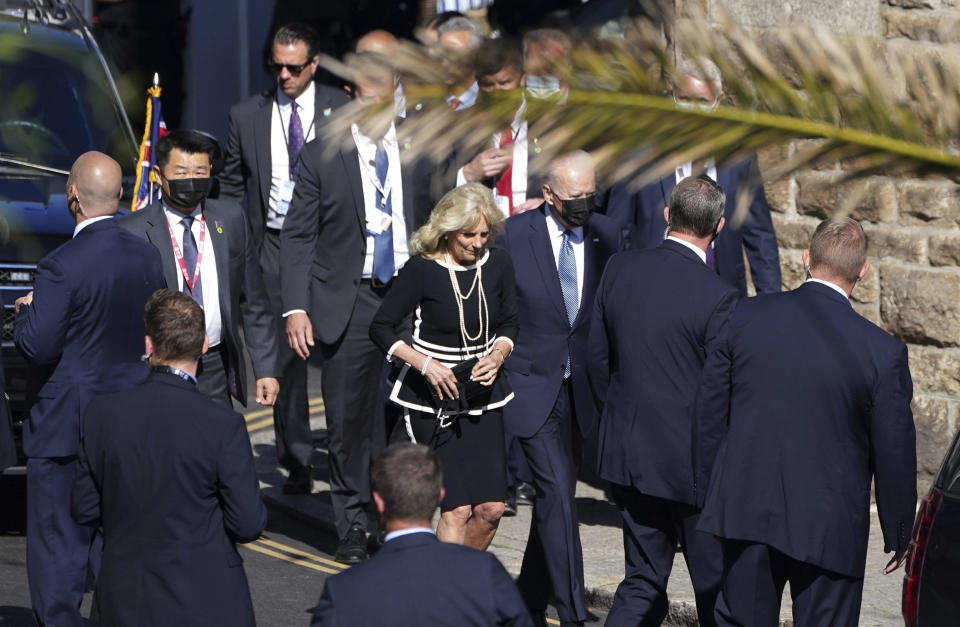 U.S. President Joe Biden and first lady Jill Biden leave a church service prior to attending the G7 meeting in St. Ives, Cornwall, England, Sunday, June 13, 2021.  / Credit: Jon Super / AP