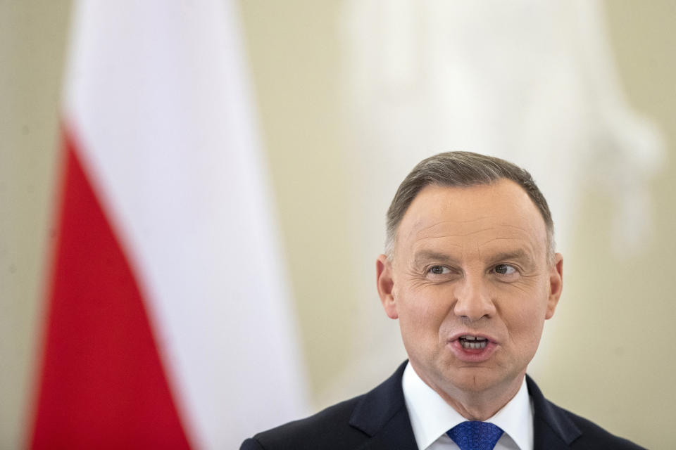 FILE - Poland's President Andrzej Duda speaks during a news conference following his meeting with Lithuania's President Gitanas Nauseda at the Presidential Palace in Vilnius, Lithuania, on July 5, 2023. Duda will announce the new prime minister in a national address Monday Nov. 6, 2023, an aide said. (AP Photo/Mindaugas Kulbis, File)