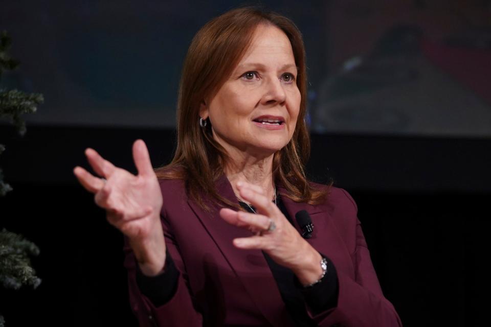 General Motors CEO Mary Barra speaks to a crowd of journalists during a fireside chat with APA president Mike Wayland at the Gem Theatre in Detroit on Monday, December 4, 2023.