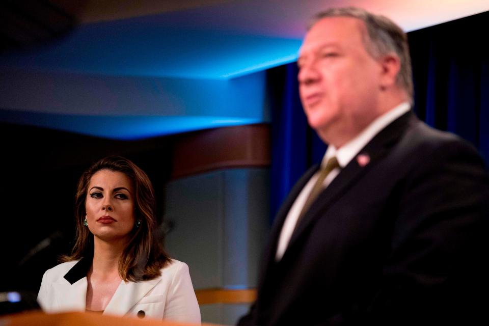 Then-Secretary of State Mike Pompeo, accompanied by spokesperson Morgan Ortagus, in Washington, D.C. in 2020.