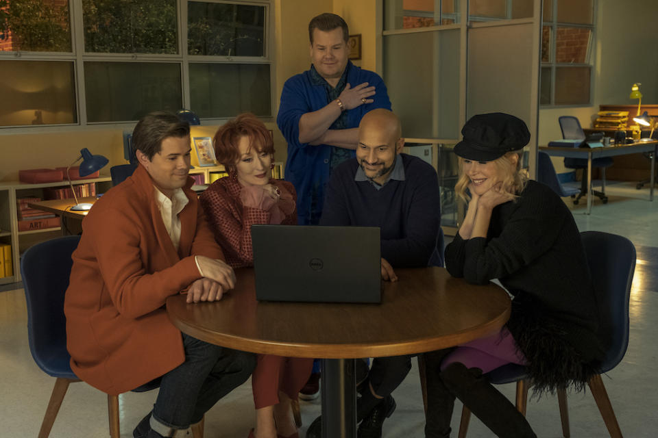 Trent Oliver (Andrew Rannells), Dee Dee Allen (Meryl Streep), Barry Glickman (James Corden), Keegan-Michael Key (Principal Hawkins), and Angie Dickinson (Nicole Kidman) in The Prom. (PHOTO: Netflix)