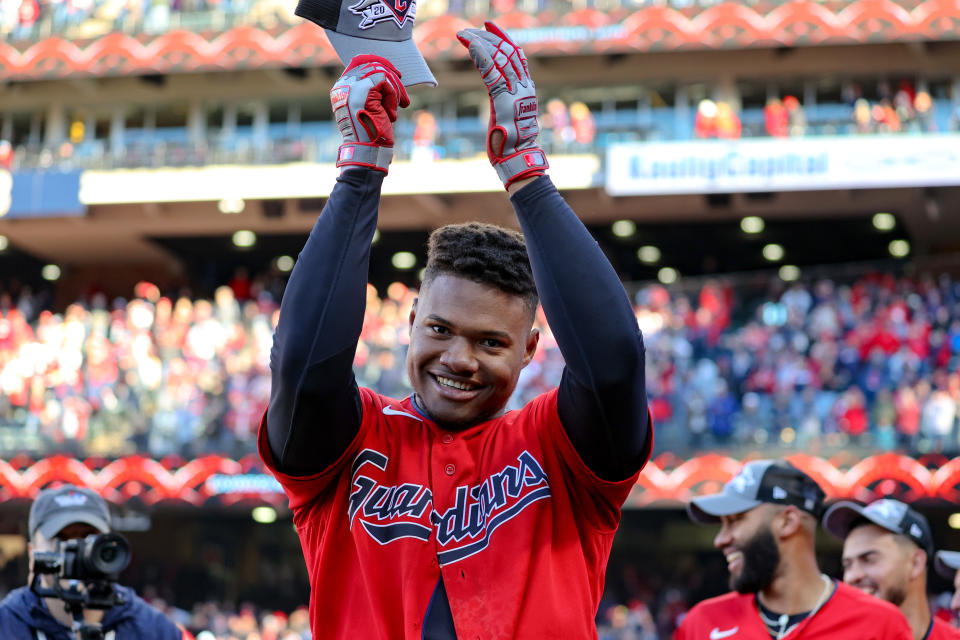 Guardians outfielder Oscar Gonzalez's 15th-inning homer was the only scoring in Saturday's wild-card series Game 2. (Photo by Frank Jansky/Icon Sportswire via Getty Images)