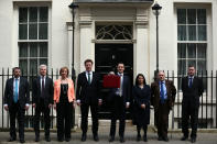 LONDON, ENGLAND - MARCH 18: (L-R) Gareth Johnson, Lord Deighton, Andrea Leadsom MP, Danny Alexander MP, The Chancellor of the Exchequer George Osborne, Priti Patel MP, Rob Halfon and David Gauke MP leave 11 Downing Street on March 18, 2015 in London, England. The Chancellor is presenting his 5th Budget to Members of Parliament today, the last before the General Election on May 7, 2015. (Photo by Dan Kitwood/Getty Images)