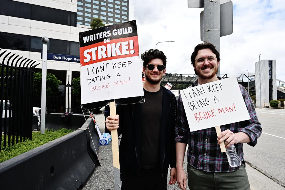 Protestors and members of the Writers Guild of America (WGA) picket outside of Universal Studios on May 5, 2023 in Los Angeles, California.