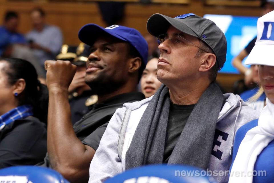 Duke parents Jerry Seinfeld, right and David Robinson watch during Duke’s 89-55 victory over Colorado State at Cameron Indoor Stadium in Durham, N.C., Friday, Nov. 8, 2019.
