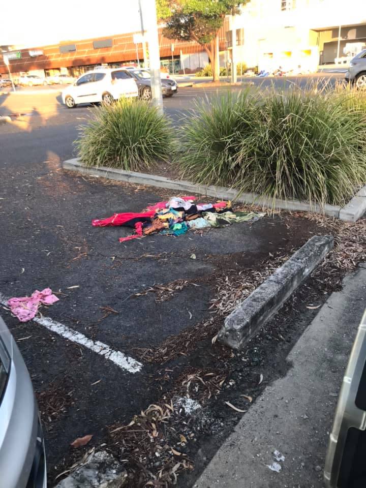 Some clothing items were seen sprawled through the car park. Source: Facebook