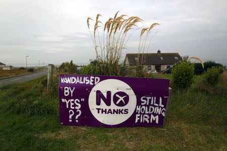 A 'NO' campaign poster is displayed in Stornoway on the Isle of Lewis in the Outer Hebrides September 12, 2014. REUTERS/Cathal McNaughton