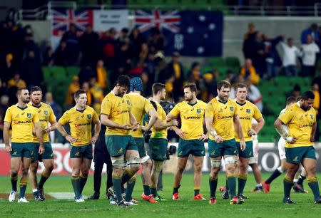 Rugby Union - Rugby Test - England v Australia's Wallabies - Melbourne, Australia - 18/06/16. Australian players react after losing their game against England. REUTERS/Brandon Malone