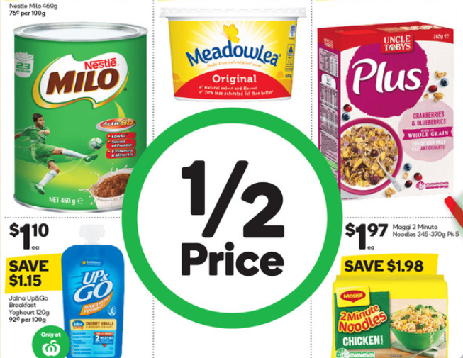 Milo, margarine, breakfast cereal and instant noodles on sale for half-price at Woolworths.