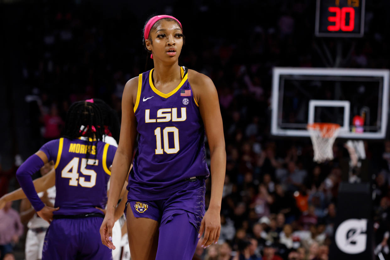 LSU's Angel Reese looks on during their game against South Carolina on Feb. 12, 2023 in Columbia, South Carolina. (Lance King/Getty Images)