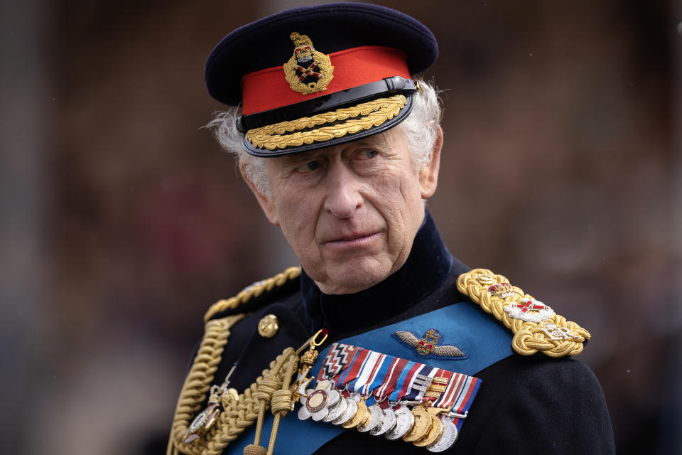 CAMBERLEY, ENGLAND - APRIL 14: King Charles III inspects the 200th Sovereign's parade at Royal Military Academy Sandhurst on April 14, 2023 in Camberley, England. The parade marks the end of 44 weeks of training for 171 Officer Cadets. It is the first time King Charles III has inspected Sovereign's Parade at Sandhurst since becoming Monarch. (Photo by Dan Kitwood/Getty Images)