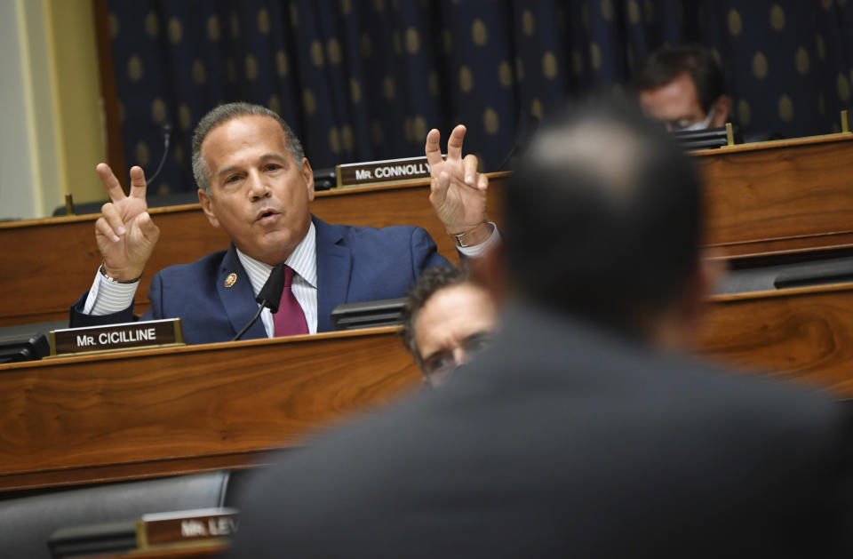 FILE — Rep. David Cicilline, D-R.I., questions witnesses during a House Committee on Foreign Affairs hearing looking into the firing of State Department Inspector General Steven Linick, Wednesday, Sept. 16, 2020 on Capitol Hill in Washington. Cicilline said Tuesday, Feb. 21, 2023 that he will step down from his congressional seat this summer to lead the Rhode Island Foundation, his home state's largest funder of nonprofits. (Kevin Dietsch/Pool via AP, File)