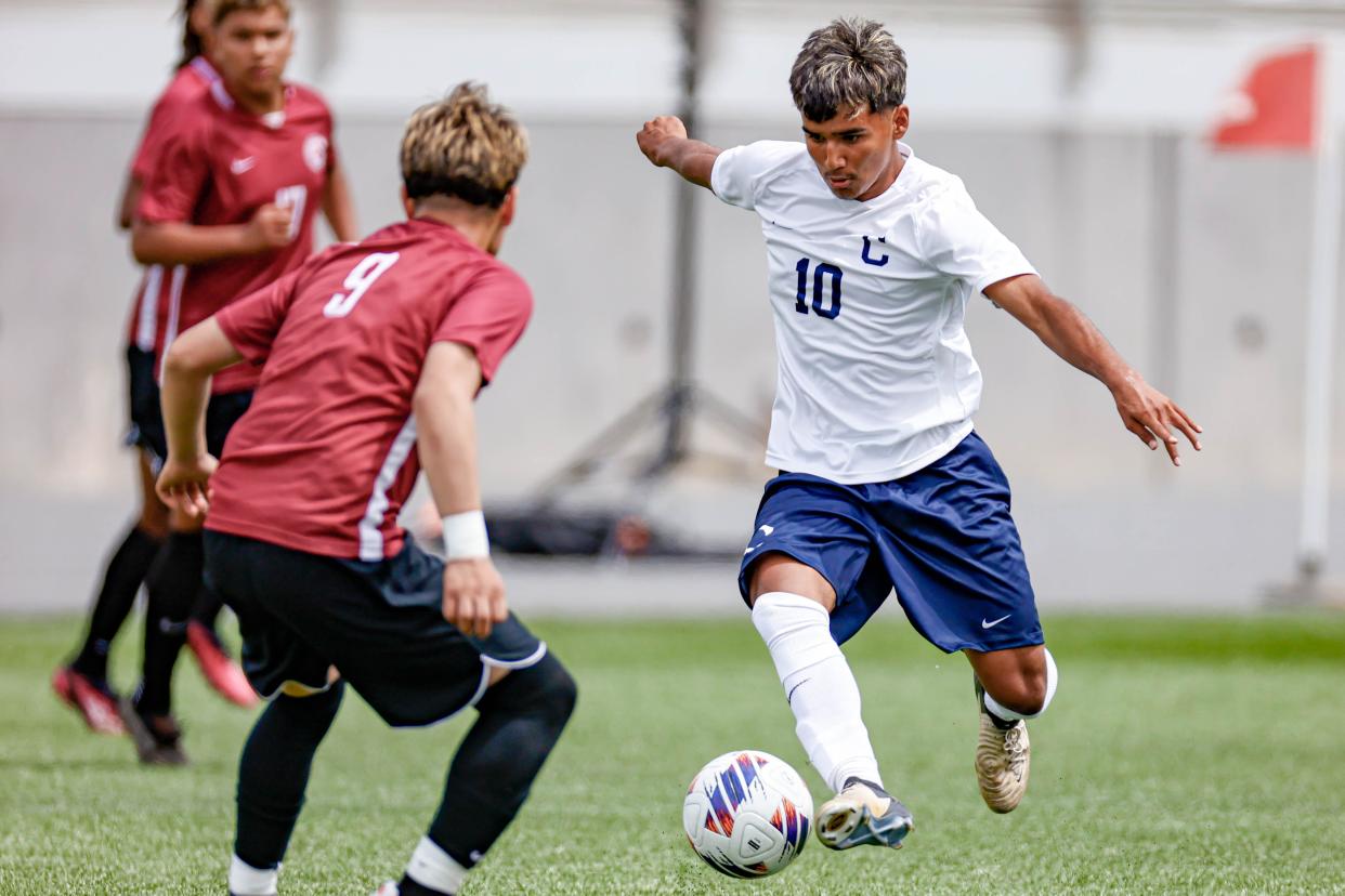 Eddy Parra (10) of Casady works on the field during the Class 3A boys soccer state championship game between Crooked Oak and Casady at Taft Stadium in Oklahoma City, Saturday, May 11, 2024.