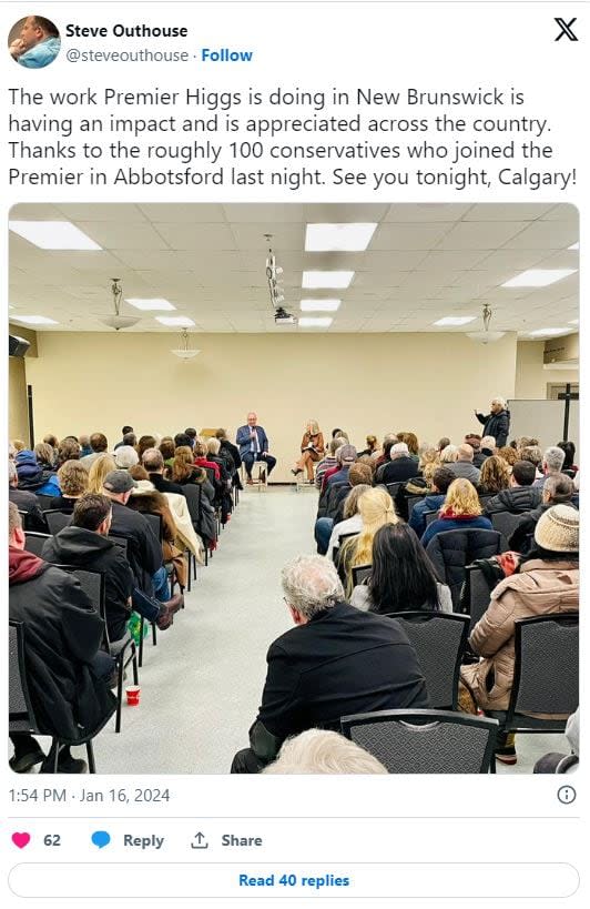 PC campaign manager Steve Outhouse posted a photo on social media Tuesday showing Higgs speaking to a crowd of people in a large room in Abbotsford, B.C.