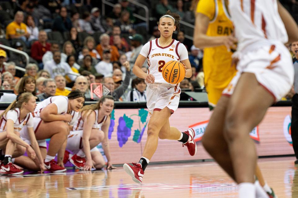 Iowa State's Arianna Jackson handles the ball against Baylor on March 9 in the Big 12 Tournament.