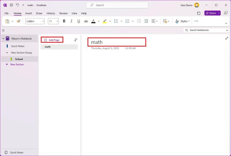 OneNote create new page