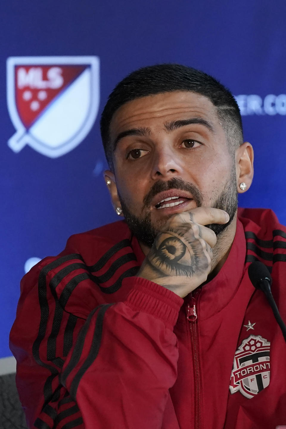 Toronto FC's Lorenzo Insigne speaks during MLS soccer media day in San Jose, Calif., Tuesday, Jan. 10, 2023. (AP Photo/Jeff Chiu)