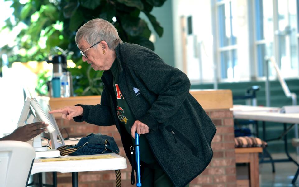 Linda Bilanchone did not contain her look of surprise upon entering Mount Moriah Baptist Church. She had anticipated a higher voter turnout and found herself the only voter in the main lobby. Bilanchone, 83, is passionate about politics. From 1992-1994, she served a term on Spartanburg's City Council. She also served on the city's Commission for Public Works for 24 years. (Alex Hicks Photo/Spartanburg Herald-Journal)