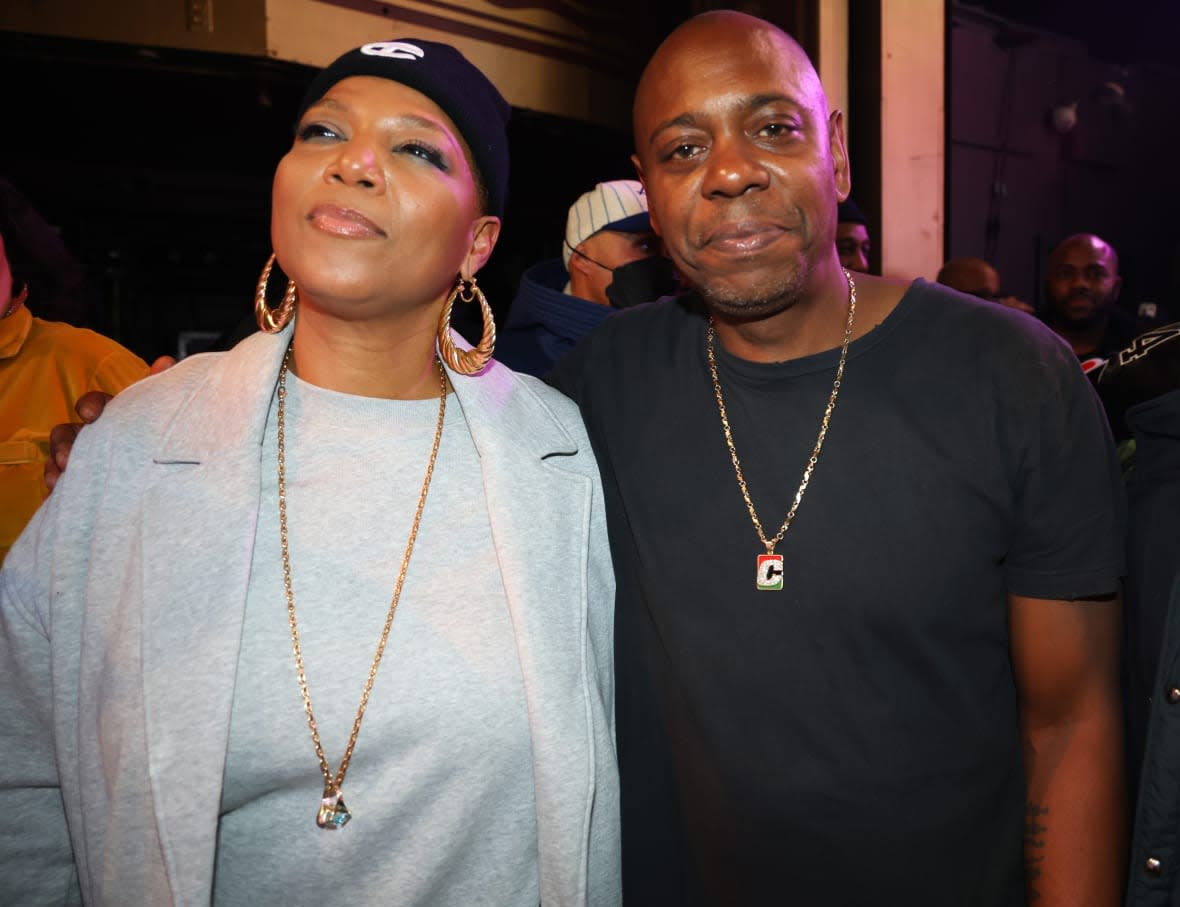 Queen Latifah and Dave Chappelle attend De La Soul’s The D.A.I.S.Y. Experience, produced in conjunction with Amazon Music, at Webster Hall on March 2, 2023, in New York City. (Photo by Johnny Nunez/Getty Images for Amazon)