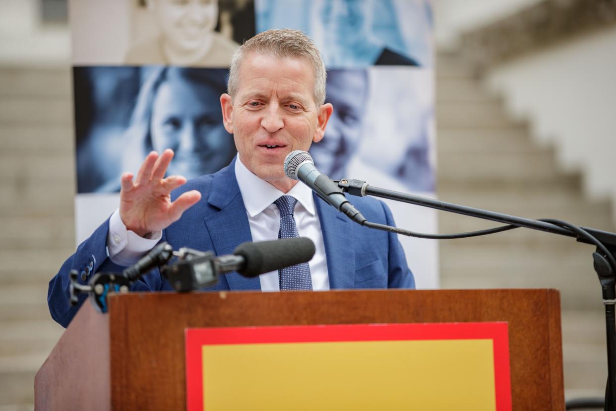 Rep. Paul Renner speaks during a School Choice rally in the Capitol courtyard Wednesday, Jan. 26, 2022.