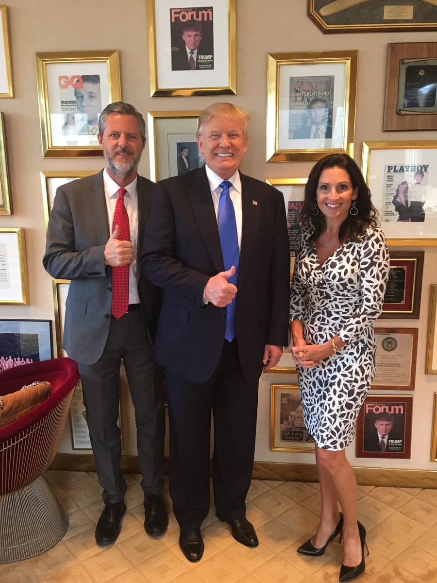 <p>Jerry Falwell Jr. posted a photo of himself with wife Becki and Donald Trump in Trump’s office in Trump Tower on June 21, 2016, in New York City, tweeting, “Honored to introduce @realDonaldTrump at religious leader summit in NYC today! He did incredible job! @beckifalwell.” Trump’s <em>Playboy</em> cover is visible on the wall behind them. (Photo: Jerry Falwell, Jr. via Twitter) </p>