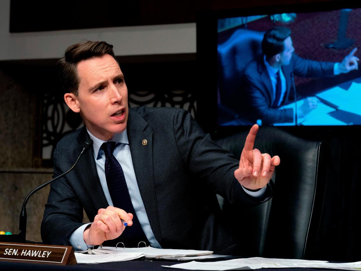 Josh Hawley speaks at a Senate hearing on Capitol Hill on February 23, 2021. (POOL/AFP via Getty Images)