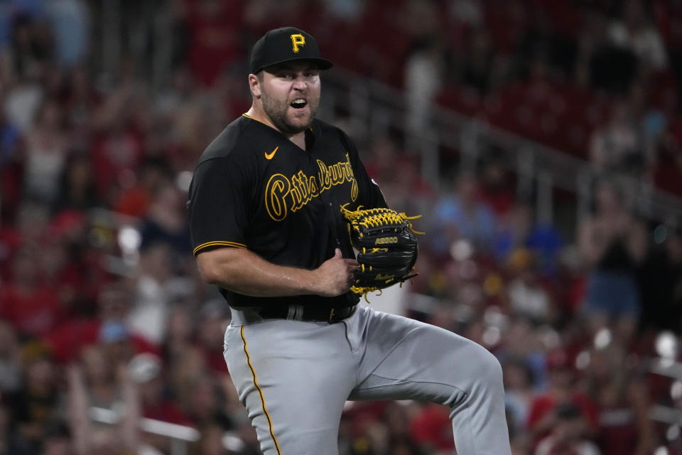 Pittsburgh Pirates relief pitcher David Bednar celebrates after getting St. Louis Cardinals' Paul Goldschmidt ground out ending a baseball game Saturday, Sept. 2, 2023, in St. Louis. The Pirates won 7-6. (AP Photo/Jeff Roberson)