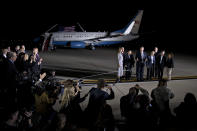 <p>President Donald Trump, fifth right, speaks to members of the media as First Lady Melania Trump, left, Vice President Mike Pence, second left, Mike Pompeo, Secretary of State, third right, stand with American citizens, released from detention in North Korea, Kim Sang-dok, also known as Tony Kim, sixth right, Kim Dong-chul, fourth right, and Kim Hak-song, second right, at Joint Base Andrews, Maryland, U.S., on Thursday, May 10, 2018. (Photo: Andrew Harrer/Bloomberg via Getty Images) </p>