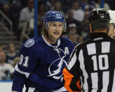 TAMPA, FL - MARCH 06: Steven Stamkos #91 of the Tampa Bay Lightning argues an interference call late in the third period in the game against the Ottawa Senators at the Tampa Bay Times Forum on March 6, 2012 in Tampa, Florida. (Photo by Bruce Bennett/Getty Images)