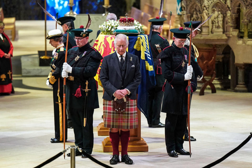 Image: King Charles III and other members of the royal family hold a vigil at the coffin of Queen Elizabeth II at St Giles' Cathedral, Edinburgh, Scotland on Sept. 12, 2022. (Jane Barlow / Pool via AFP - Getty Images)