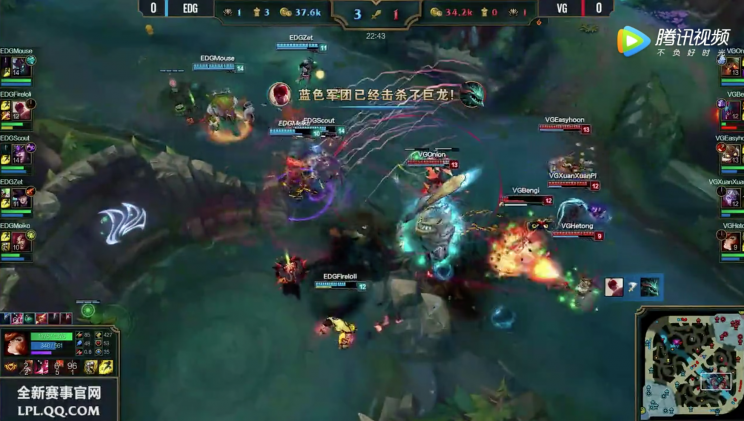 EDG's late teleport and poor positioning in a team fight against Vici Gaming