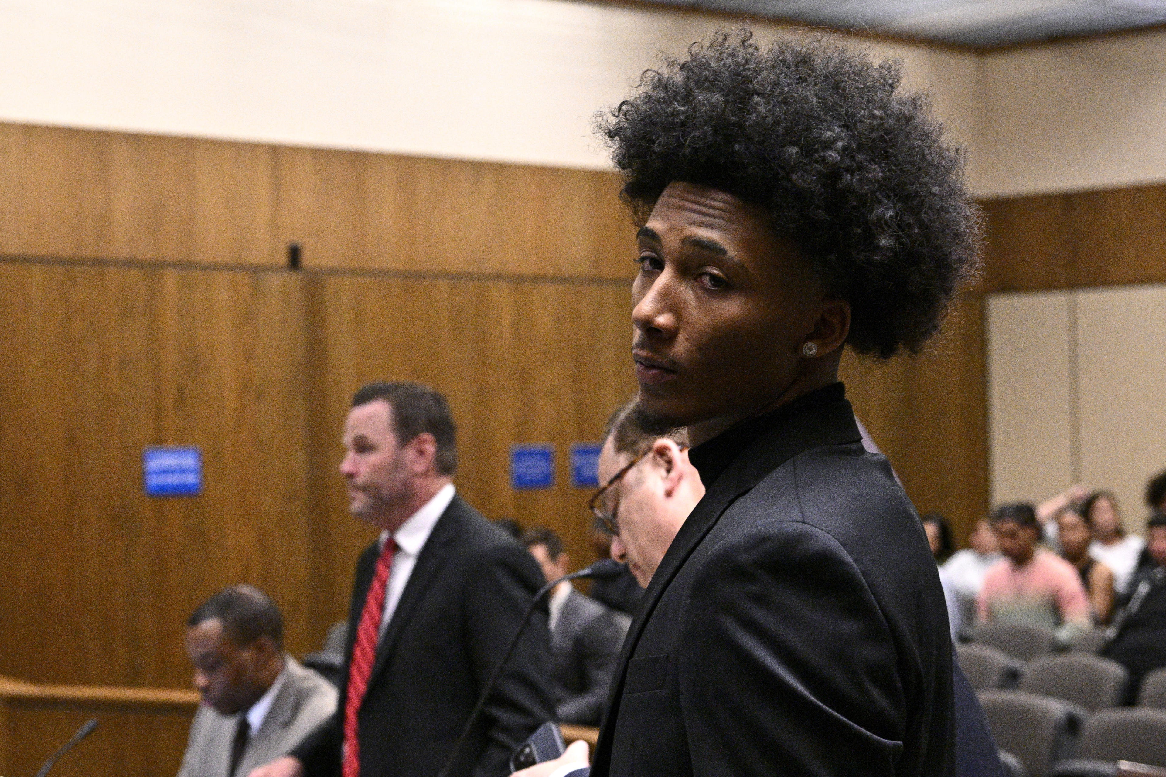 Mikey Williams looks on in court Friday, Oct. 27, 2023, in El Cajon, Calif. Star Memphis basketball recruit Mikey Williams is in Superior Court for arraignment on nine felony charges stemming from a March 27 shooting at his $1.2 million home. (AP Photo/Orlando Ramirez)