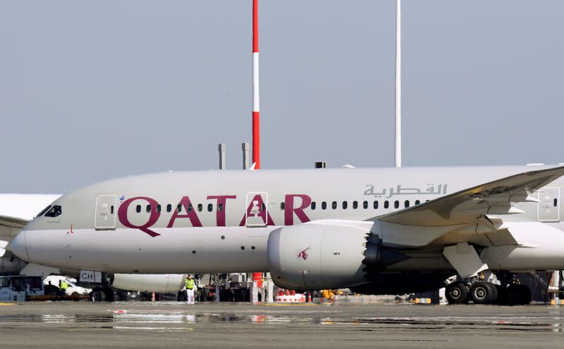 A Qatar Airways Boeing 787 airplane is pictured at Leonardo da Vinci-Fiumicino Airport in Rome